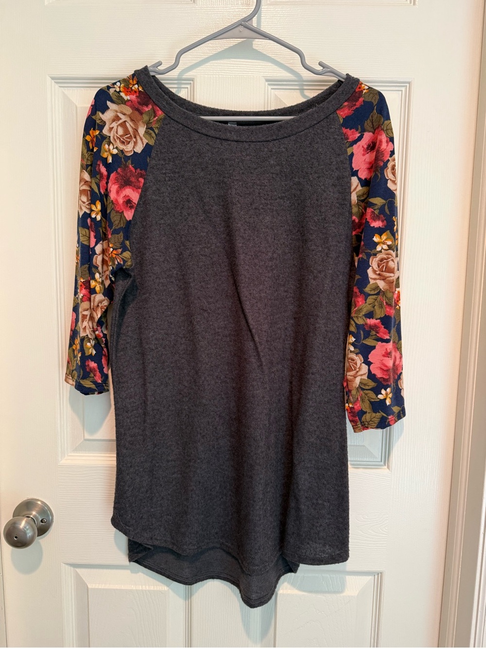 Cool Melon Women’s Charcoal Raglan Top with Floral Sleeves